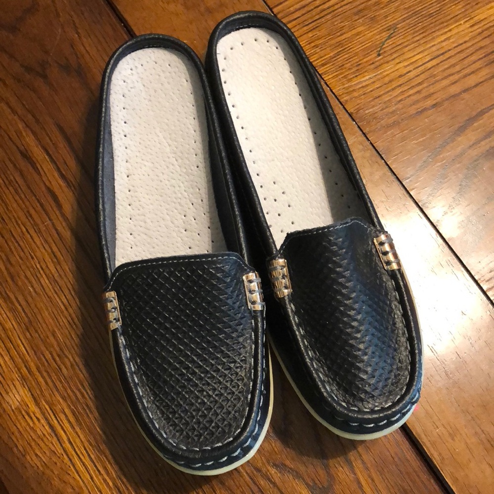 Black leather slip on mule